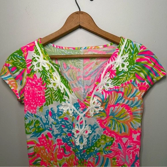 Lily Pulitzer Brewster Dress Coastal Neon Pink Green Sea Pattern Cotton Size XS - Picture 2 of 15